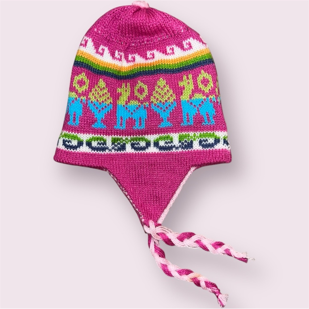 Alpaca Wool Chullo Reversible Pink Beanie Peru Cusco Hippie Handmade Soft Warm
